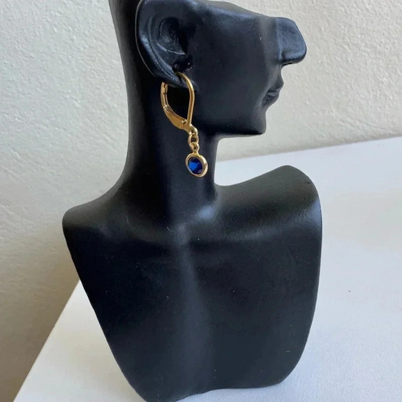 Vintage Gold Tone Drop Earrings with Blue Crystal - Picture 5 of 7